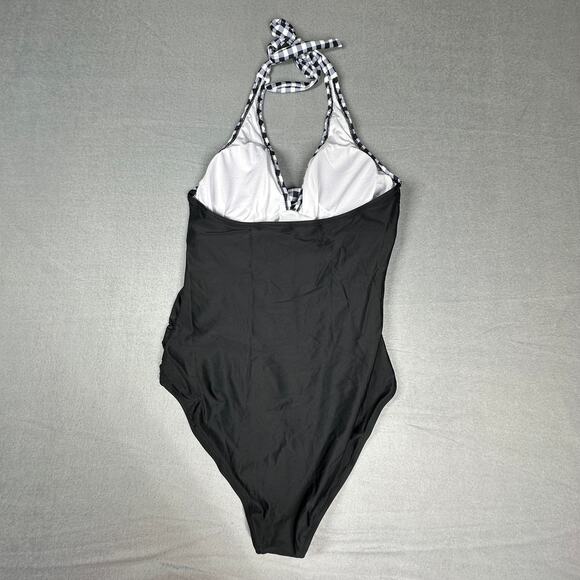 Womens Swimsuit Large Black and White Gingham Halter Tie Deep V Neck One Piece - Picture 2 of 9